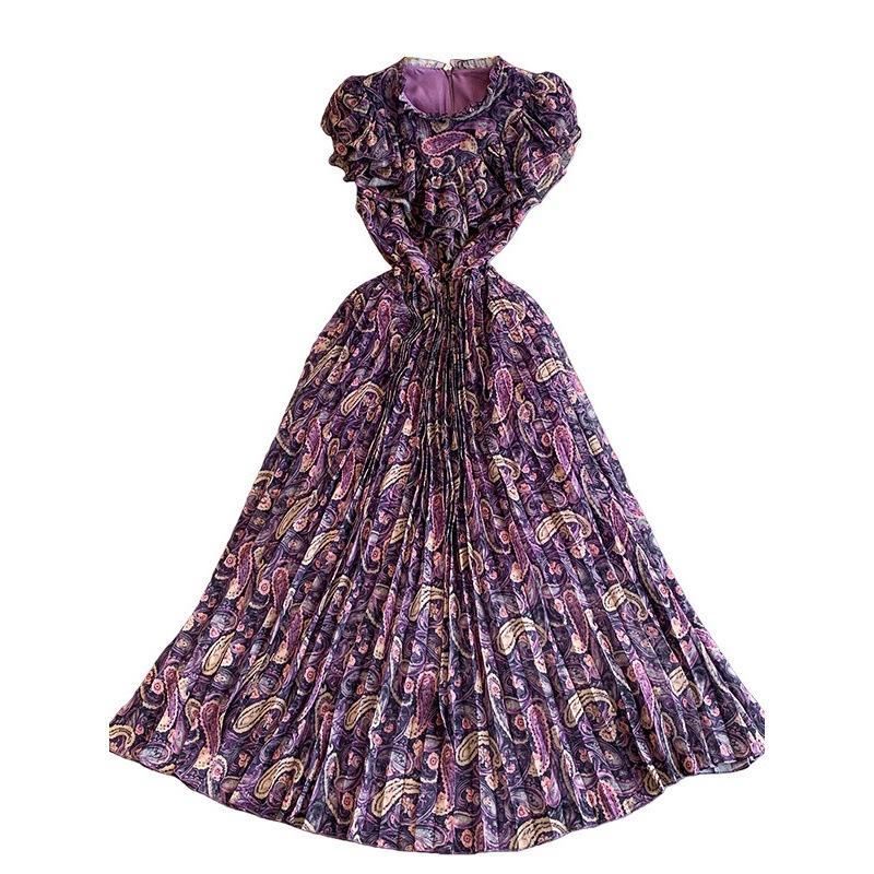 French light luxury celebrity temperament printed lotus leaf edge short-sleeved dress for women's summer waist and thin pleated medium and long dress