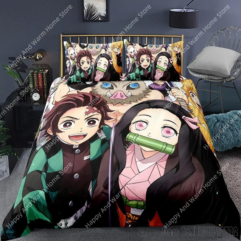Anime Demon Slayer Tecknad Tryckt Påslakan Set HD Täcktäcke Överdrag för Pojkar Sängkläder Sängkläder Sovrumsinredning