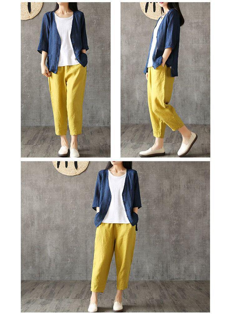 Women's Summer Washed Cotton Cropped Harem Pants, Solid Color, Loose Fit, Elastic Waist, Slimming, Versatile Style