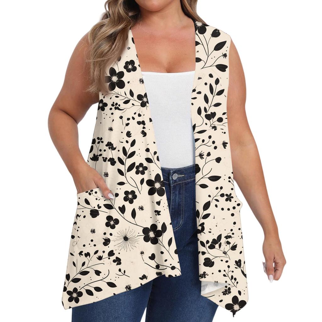 Women's Oversized Loose Casual Printed Sleeveless Vest With Pocket Cardigan Jacket Cardigan Jacket