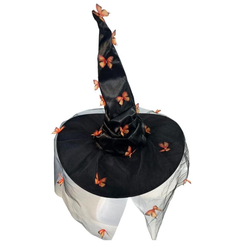 Modern Halloween Witch Hat with Butterfly Applique Women Lady Halloween Party Hat Festival Carnivals Party Cosplay Hat