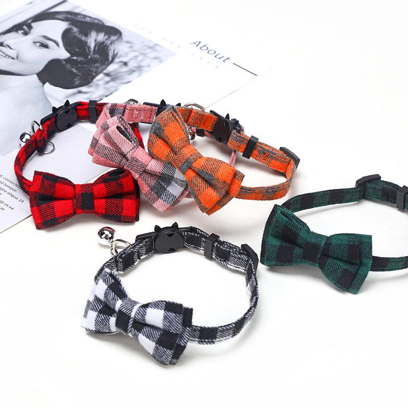 Plaid Bow Cat Collar with Bell and Buckle