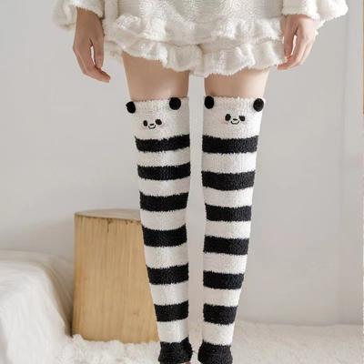 Soft Coral Fleece Sweet Knee Socks Winter Warm Girl Women Cute Cartoon Animal Stockings Striped Cozy Thigh High Christmas Gift