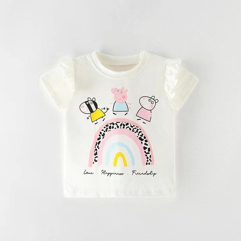 

Cartoon Piggy Girls White Short-Sleeved Summer T-shirt White 2t/90 Size Recommended Height 80-90cm