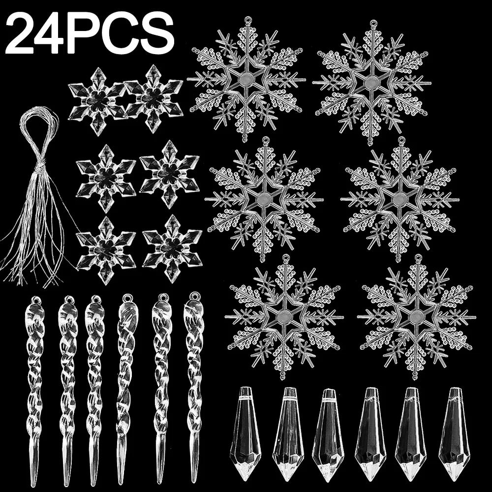 36-5PCS Clear Crystal Snowflake Icicle Ornament Acrylic Xmas Tree Hanging Pendant Holiday New Year Home Party Hanging Decoration