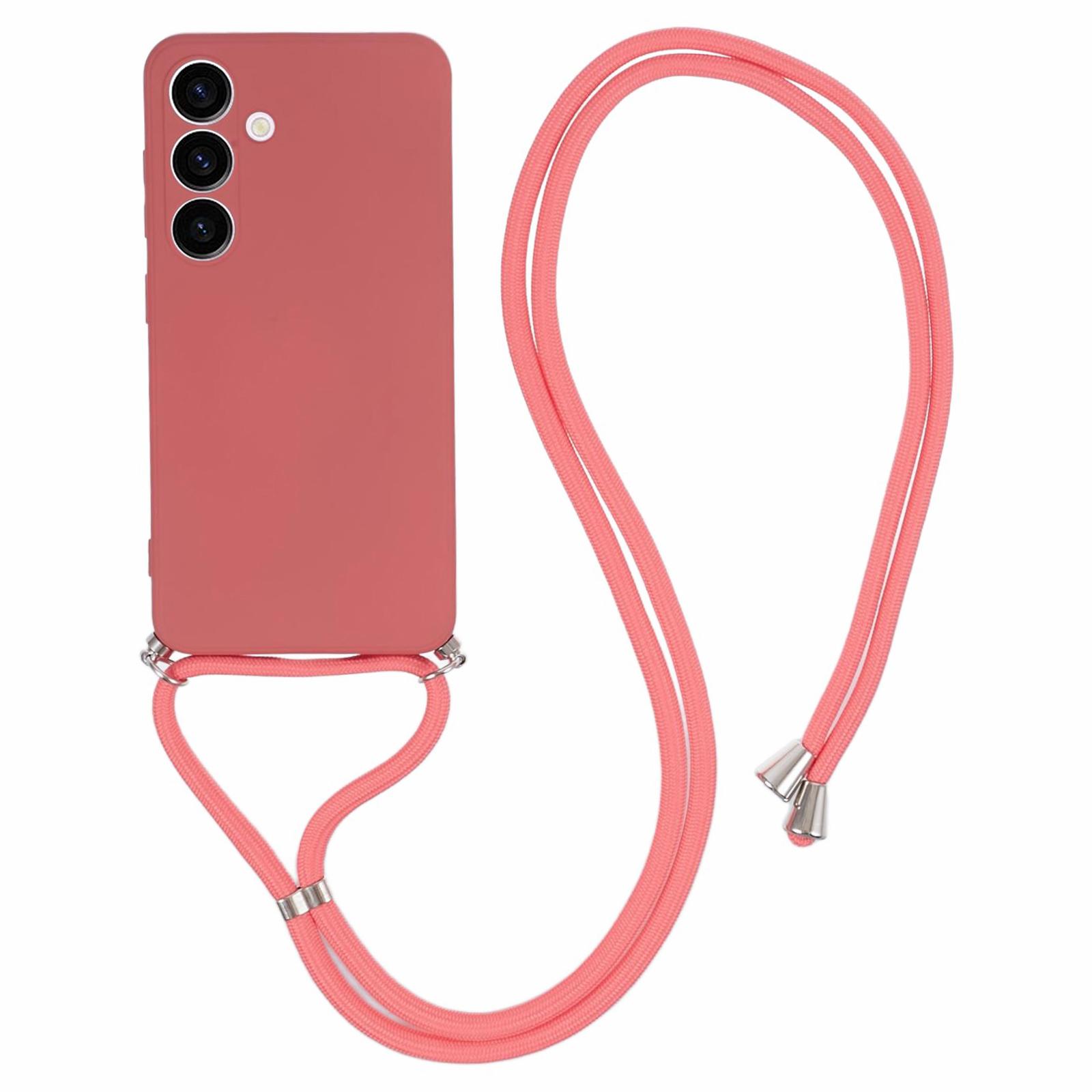 

For Samsung Galaxy S24+ TPU Phone Case Rubberized Fiber Inner Lining Protective Shell with Lanyard Hawthorn Red