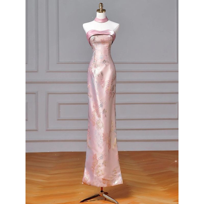 

Женские утренние платья-топы-трубы в китайском стиле, свадебное платье для тоста, платье класса люкс, облегающее талию, стройнящее, вне суда, формальное платье Pink [no accessories]] M