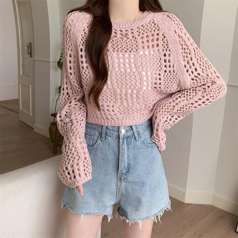 

Summer women s knitted sweater top versatile sunscreen thin hollow knitted blouse with suspenders and mesh shirt Average size 52-214 рожевий
