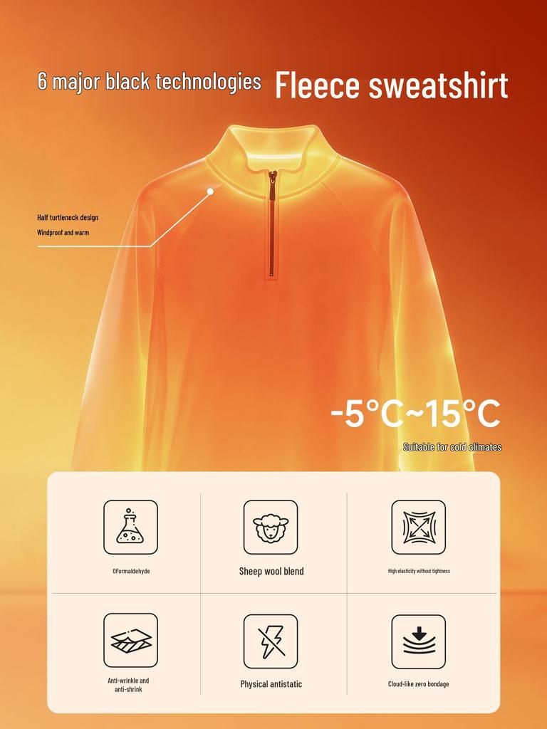 Men's 2025 Winter Black Fleece-Lined Half-Zip Stand Collar Sweatshirt