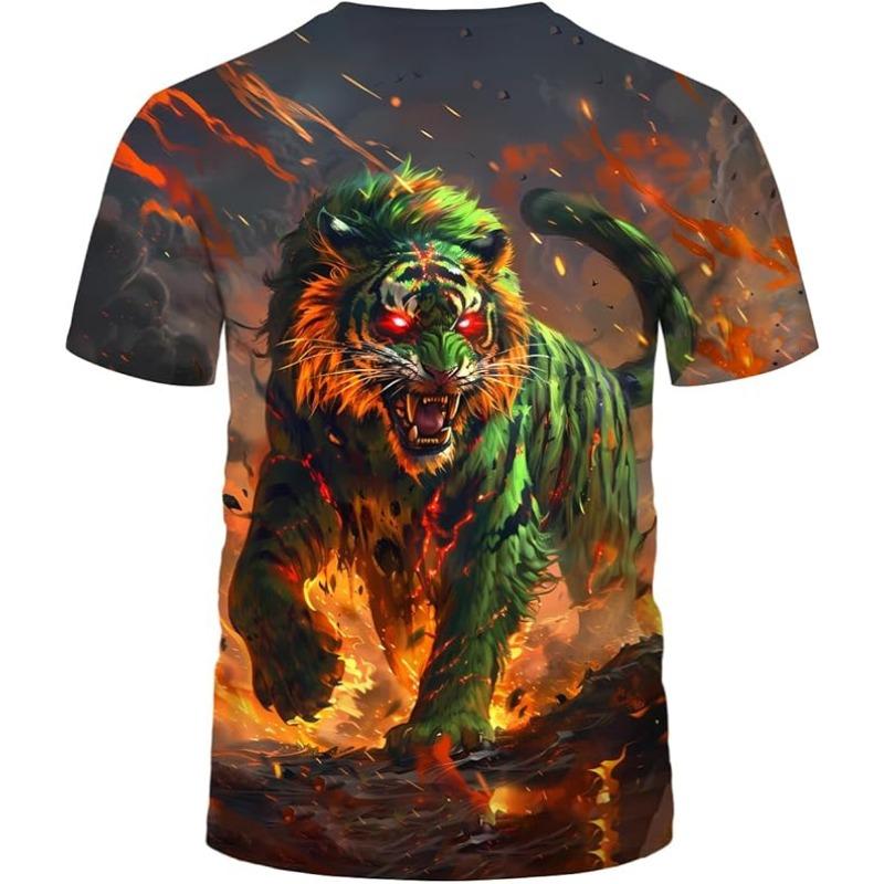 Men's Summer 3D T-shirt Fashionable Casual Loose Pattern Animal Tiger Print Round Neck Short Sleeved T-shirt Top