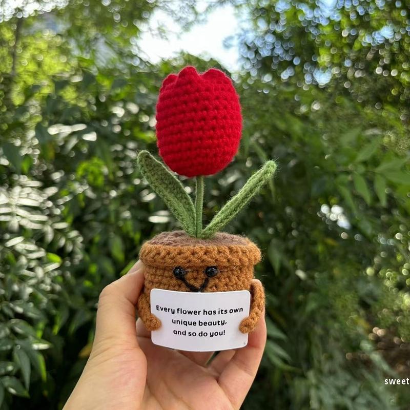 Handmade Crochet Flower Sunflower Potted Knitted Wool Ornament Auto Interior Funny Stress Relieving Decor With Positive Card