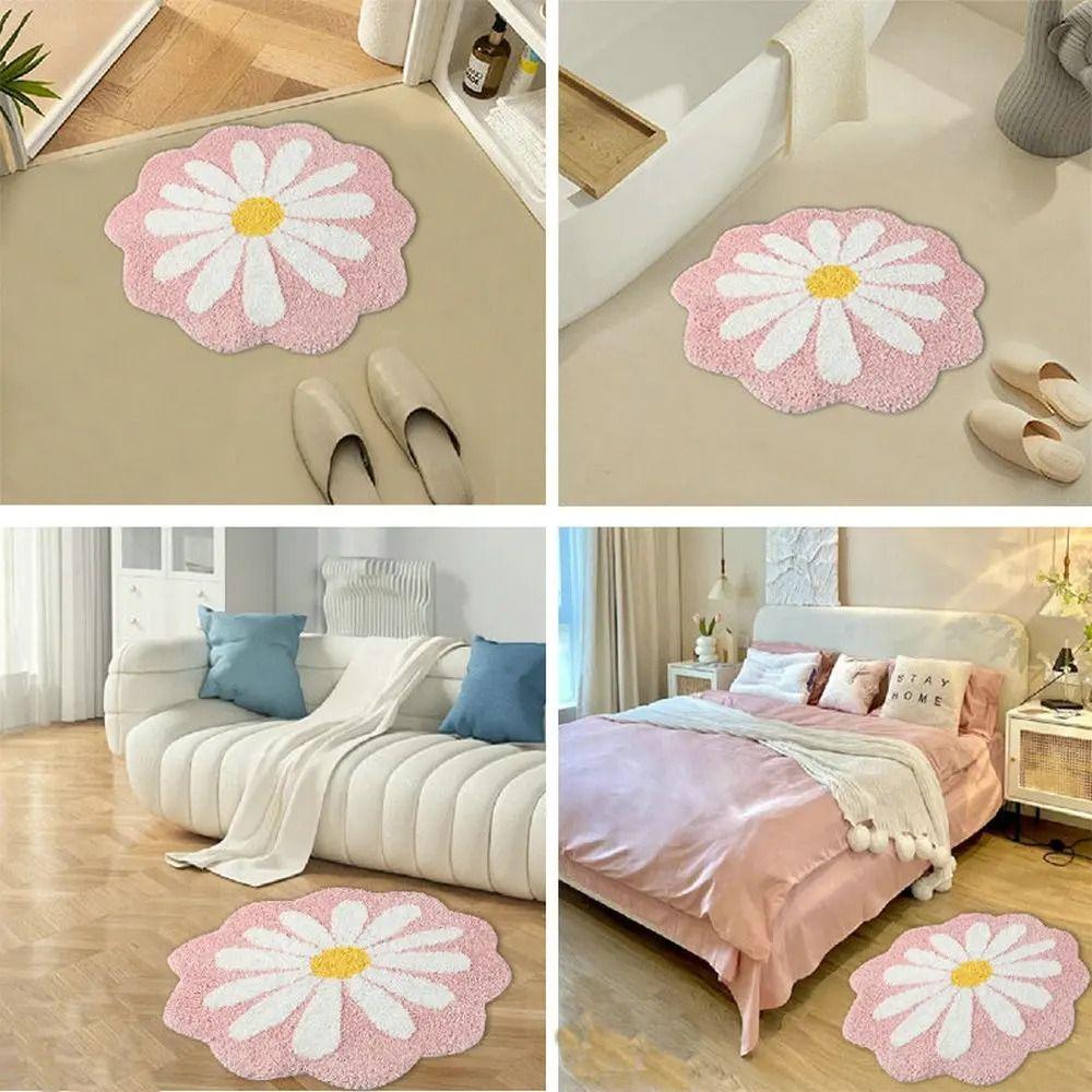 Cute Non Slip Flower Rug Flocking Tufted Daisy Bath Door Mat Washable Absorbent Baby Crawling Carpet Bedroom Living Room