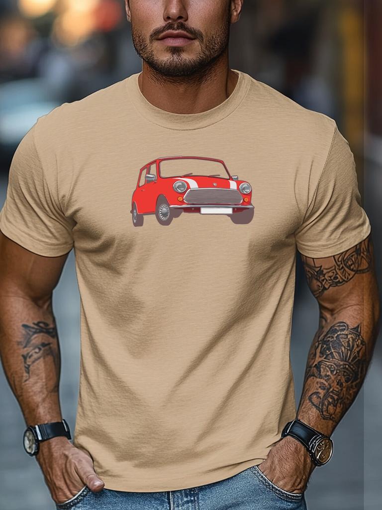 Unisex Light Blue Crew Neck Tee Classic Red Mini Cooper Retro Compact Car Illustration Vintage Auto Fan Soft Cotton Male Tops