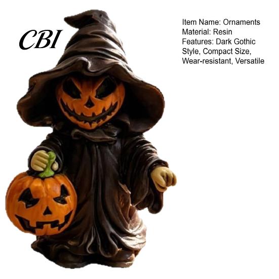 Halloween Pumpkin Ornament Witch Statue with Pumpkin, Cute in Pointed Hat & Black Robe, Resin Gothic Wizard Figurine Tabletop Decor for Desk