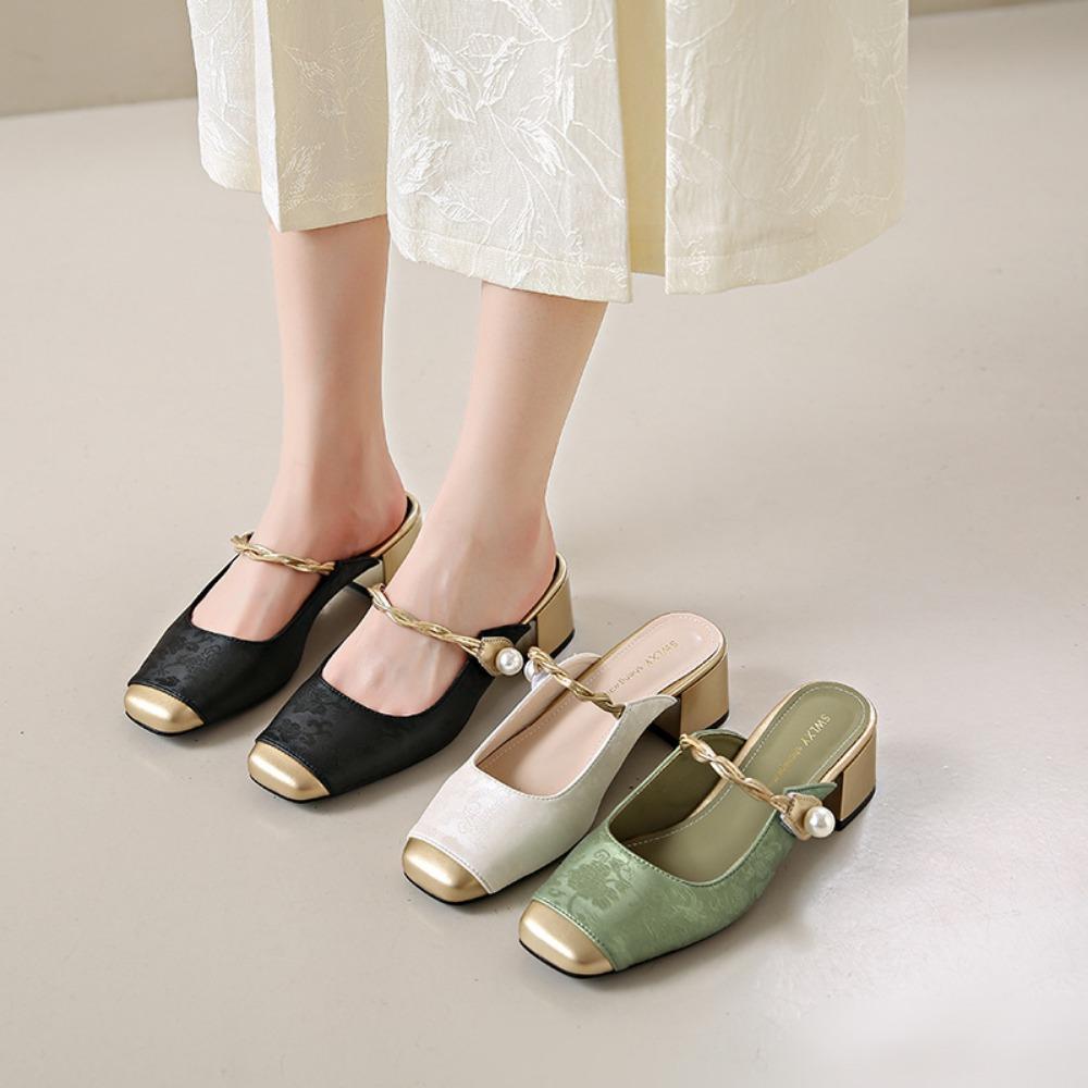 Fashion Baotou High Heel Slippers for Women 2025 Summer Wearing Chinese Style New Chinese Pearl Coarse Heels with Skirts and Slippers