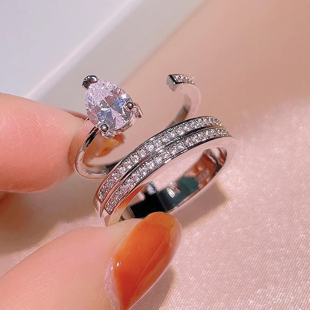 New Wide Sterling Silver Finger Rings for Women Water Drop 5A Cubic Zircon Ring Carve  Female Party  Anillos Mujer