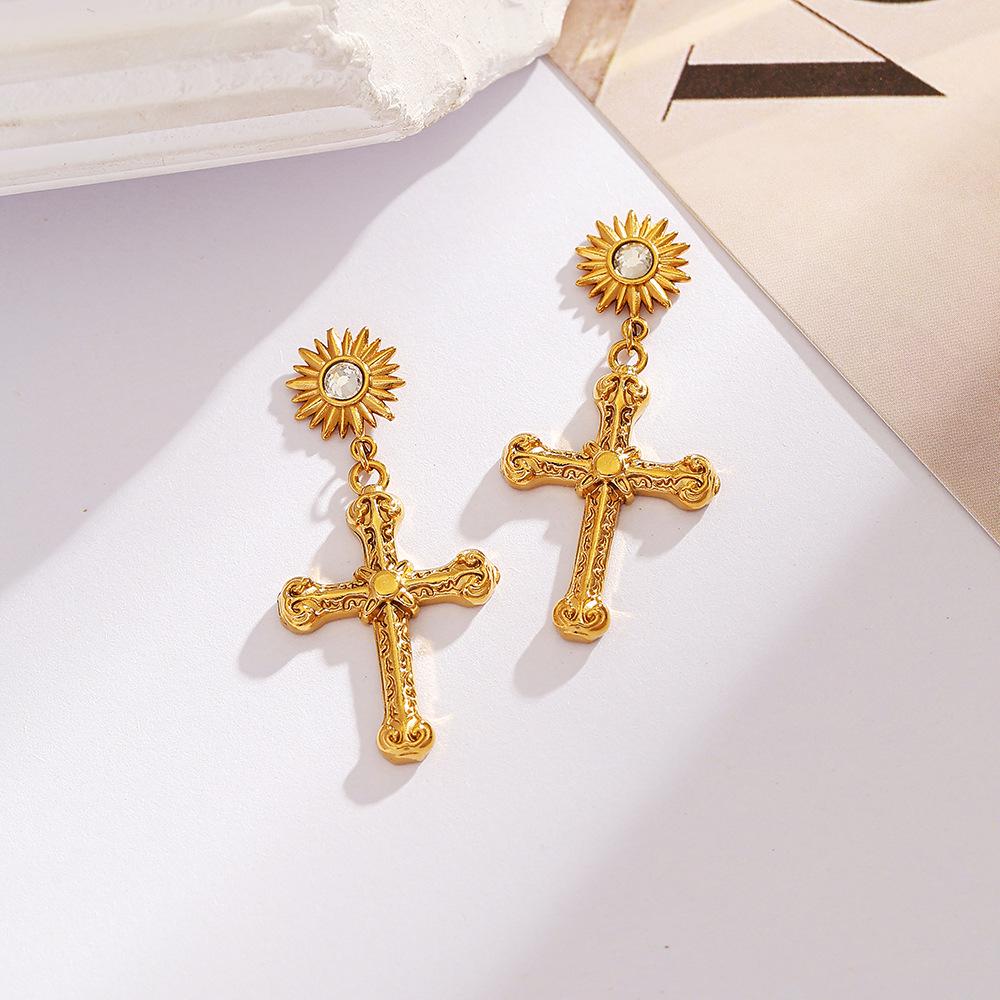 18K Gold-Plated Stainless & Titanium Steel Cross Stud Earrings for Women