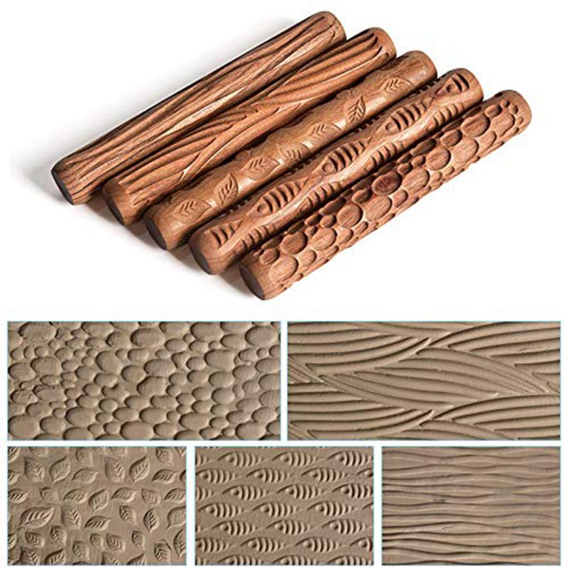 5PCS Pottery Tools Wood Hand Rollers for Clay Stamp Pattern Roller Ceramic Tools Cup Turner  Accessories