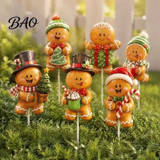 Quick Installation Tree Decor 6 Pcs Large Christmas Picks, Wooden Santa Snowman Gingerbread Ornaments, Xmas Outdoor Yard Signs Topper Decoration