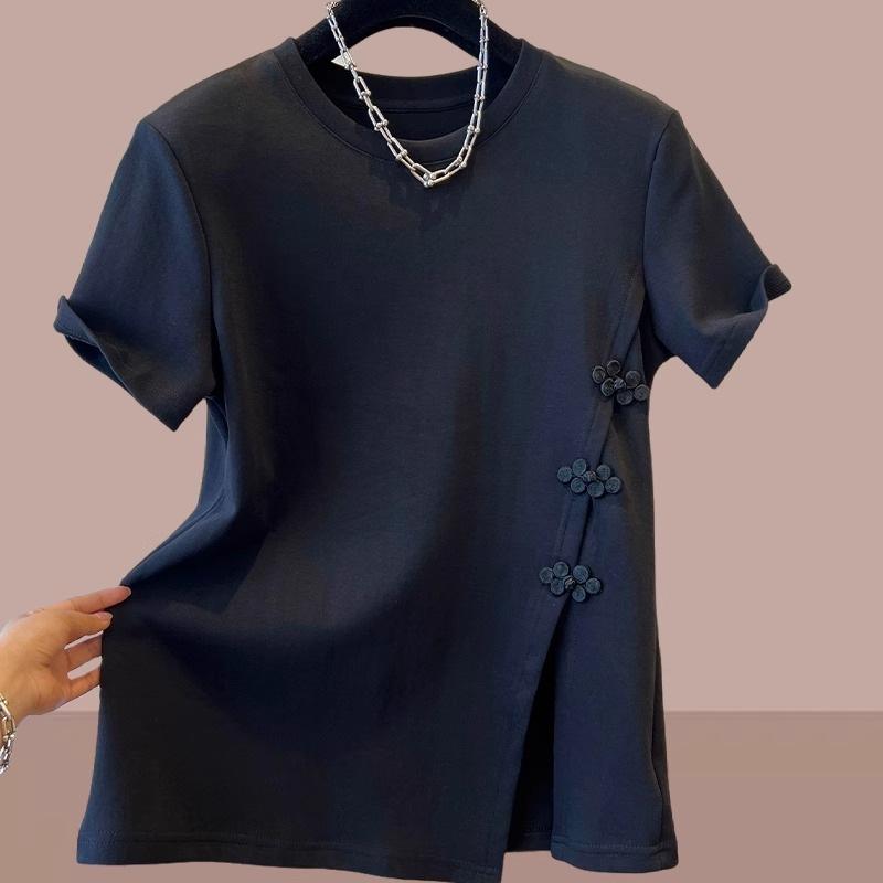 

Женская летняя хлопковая футболка - большой размер, нестандартный китайский стиль с отделкой снизу и разрезом 2XL чёрный