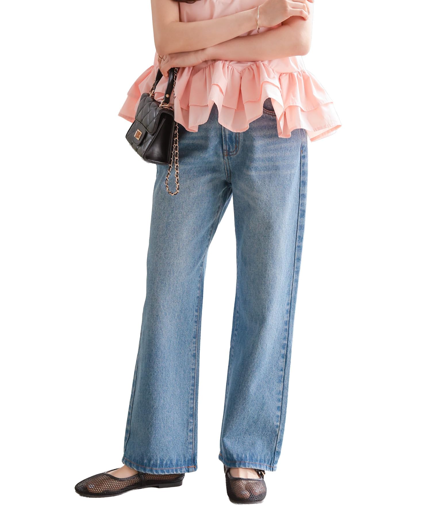 Kobe Lettuce Denim Straight Wide Size Petite Denim Blue Women s High-Waisted Pants, Petite, Summer, Leg, M4240,