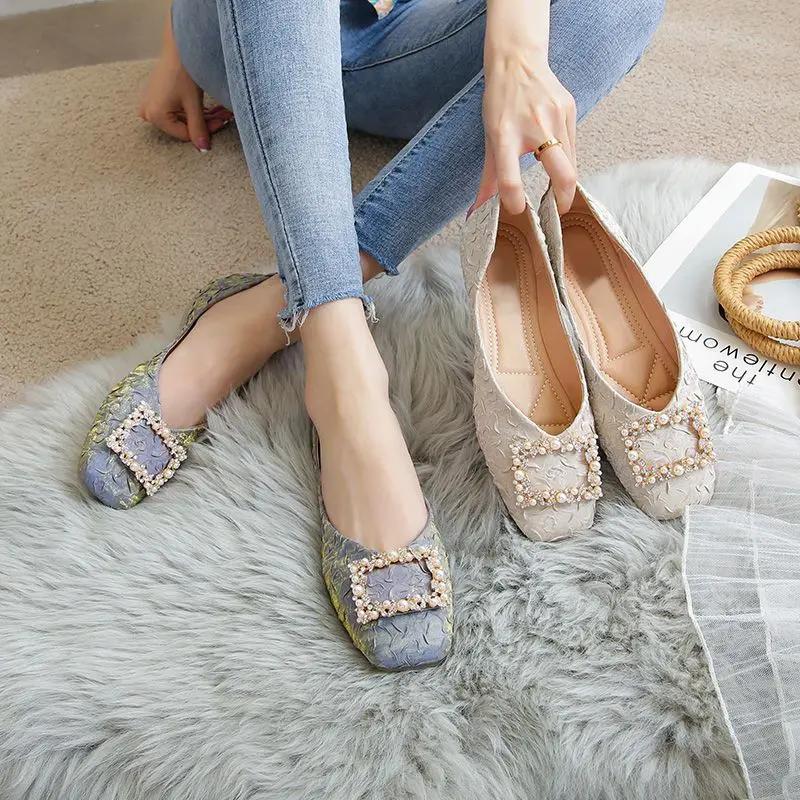Fashion Ladies Footwear Pearl Low Heel Elegant Women's Flat Shoes Square Toe Korean Fashion High Quality Vintage Modest Stylish Chic Y2k