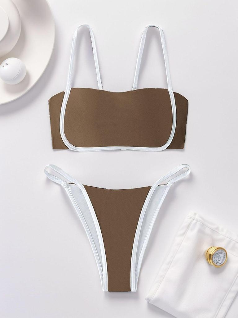 2024 Europäischer & Amerikanischer Farbblock Schnür-Bikini mit niedriger Taille