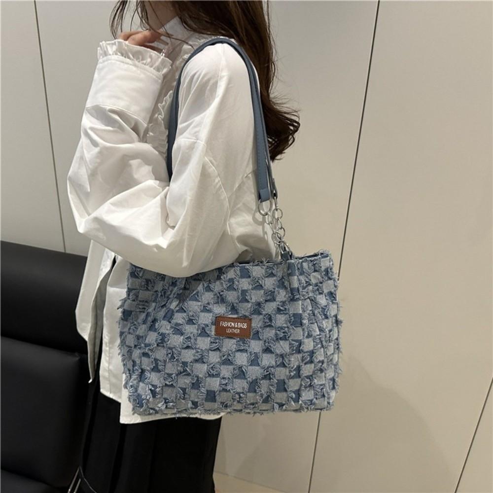 Fashion Vintage Denim Shoulder Bags Plaid Beggar Style Women's Tote Bag Versatile Jeans Commuting Bags Handbag