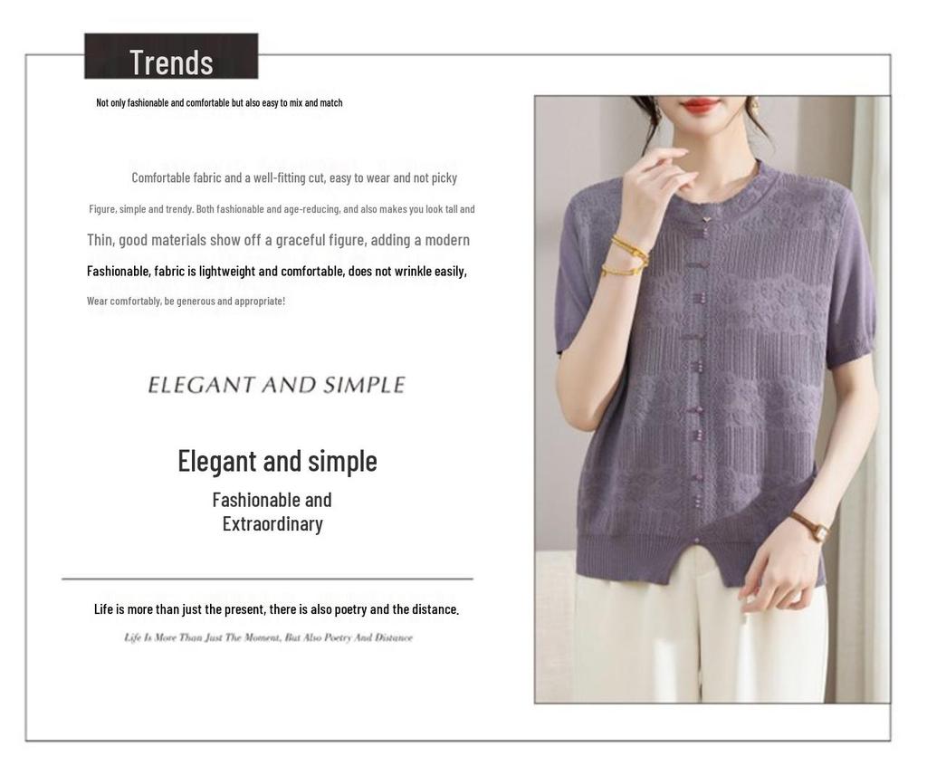 Elegant Women's Knitwear: Casual, Slimming Round Neck Short Sleeve Top for Mothers, Loose & Comfortable Fit