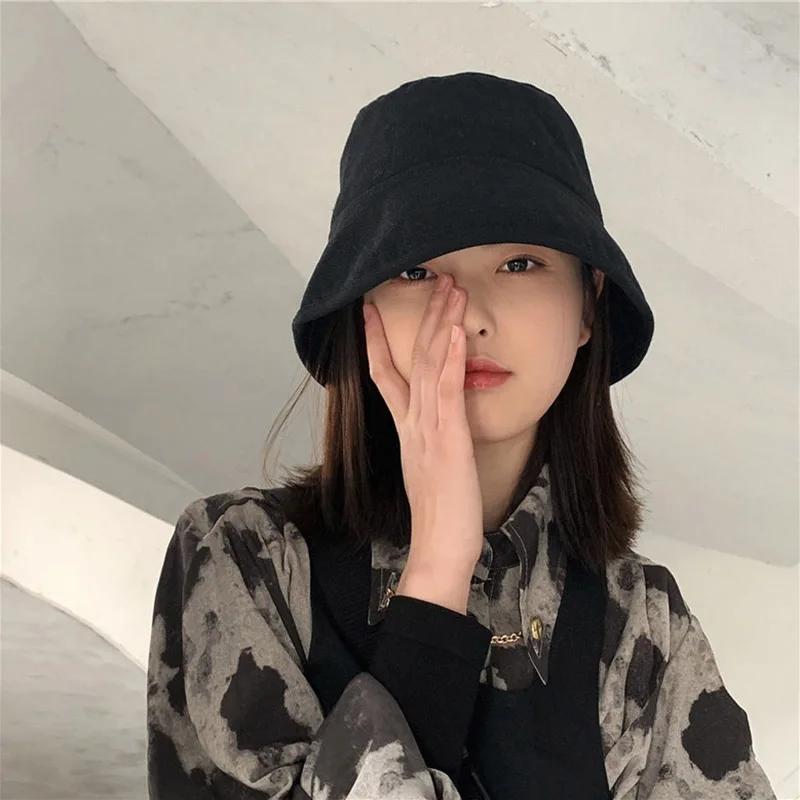 

Solid Color Women Fisherman Caps Korean Wide Brim Outdoor Anti-UV Sunshade Bucket Hats All-Match Cotton Basin Caps чорний
