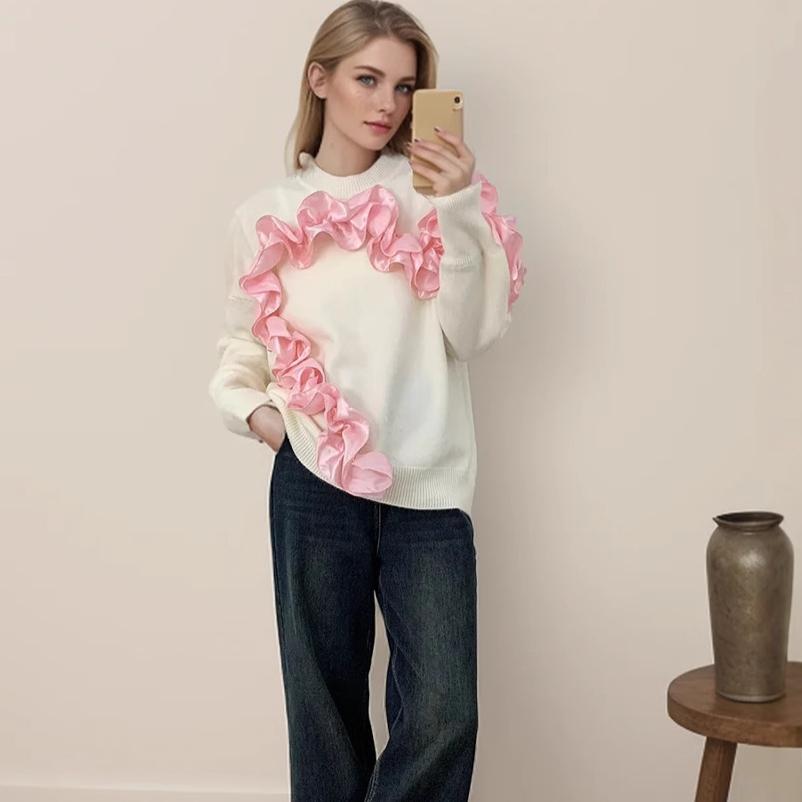 Women's Casual Fall Winter Long Sleeve Sweaters Crewneck Ribbed Knit 3D Flower Color Block Loose Pullover Tops Lightweight Sweater Jumper for Women