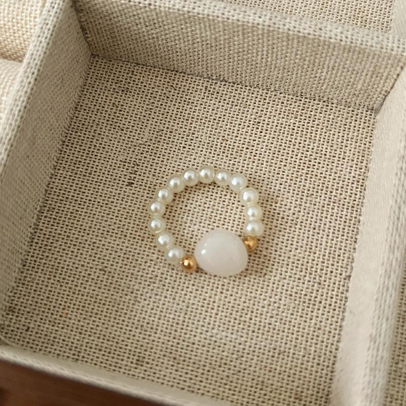 Pearl Beaded Ring Women's Elastic Rope Literary Stacking Index Finger Ring High-end Handmade Ring Jewelry