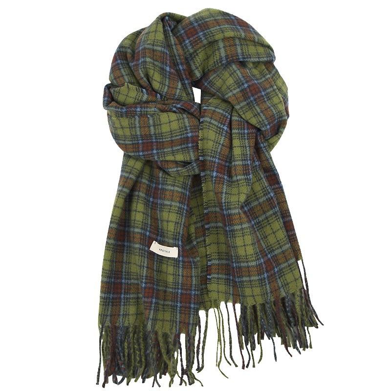 Retro green plaid scarf women's autumn and winter versatile personality advanced sense warm shawl scarf Korean new