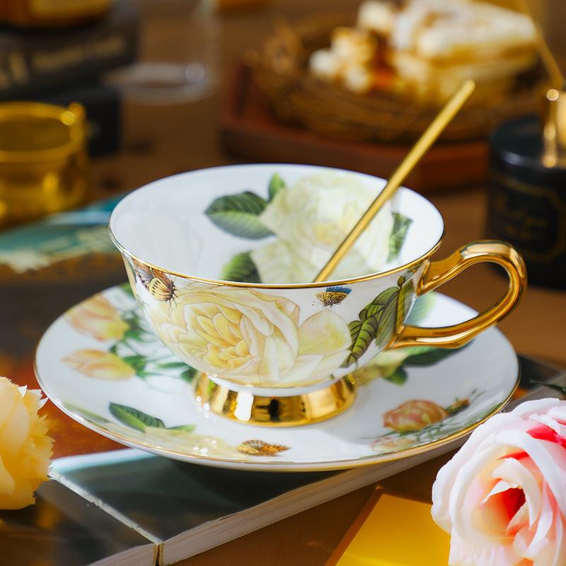 Euro Style Bone China Afternoon Tea Saucer Set Ceramic Rose Flower Tea Coffee Cup for Home Kitchen Wedding
