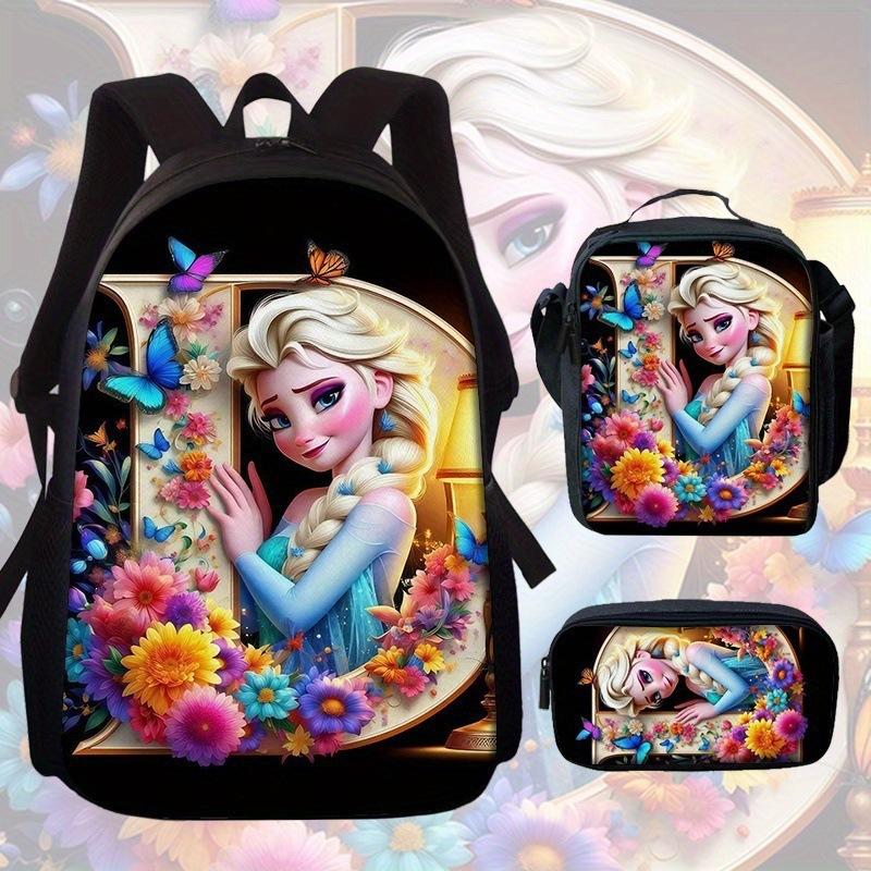Zaino Scolastico Principessa Set da 3 Pezzi Grande Capacità Impermeabile Borsa a Spalla Astuccio Borsa a Tracolla per Bambini