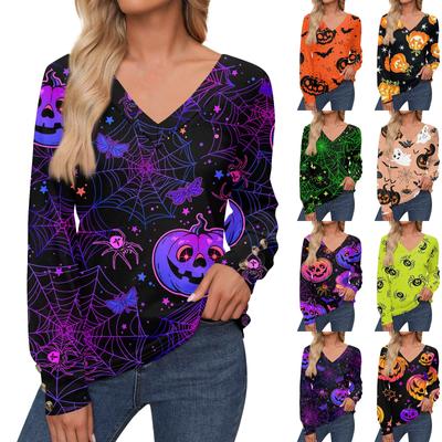 Women's Tops Halloween Printed Long Sleeve Shirt V Neck Casual Loose T-Shirt Autumn Clothing