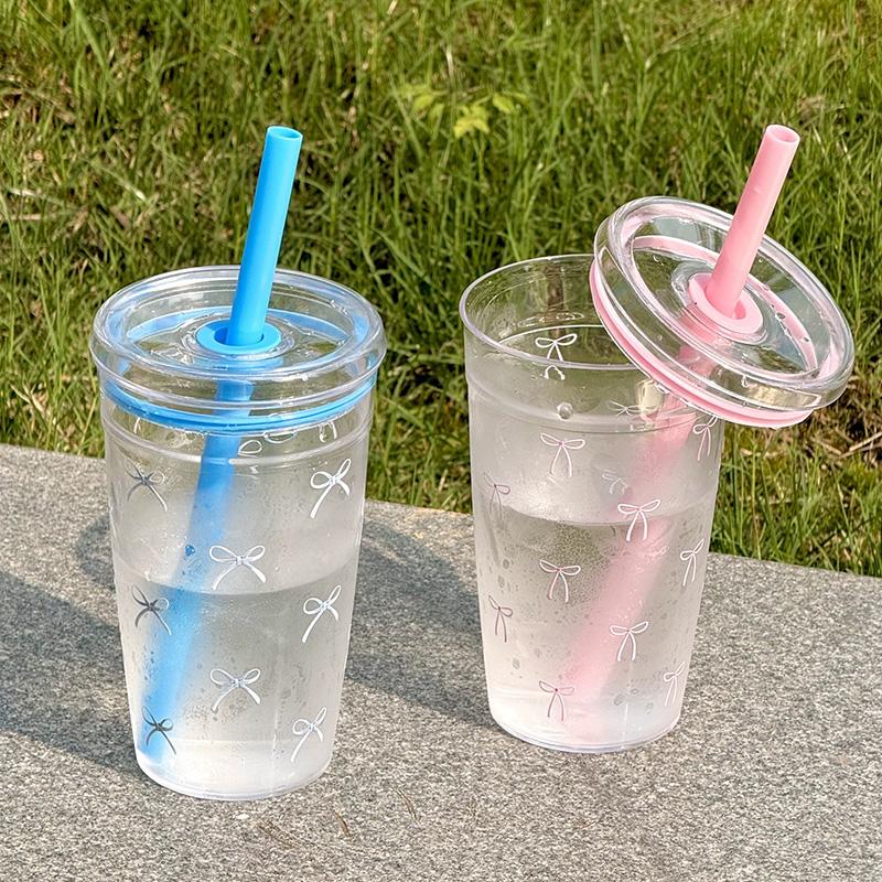 Single Layer Transparent Plastic Water Bottle With Straw Simple Bow Print Water Cup Office Coffee Mug Matcha Milk Tea Ice Cup