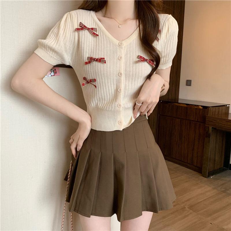 Красный бант Pit Stripe вязаный кардиган для женщин на лето Slim Fit и милый короткий рукав-фонарик топ S абрикосовый
