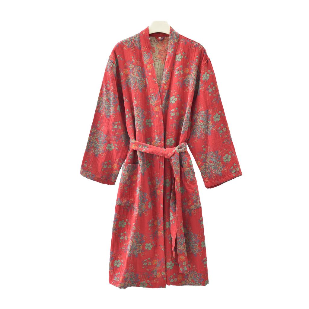 Ropa de dormir de algodón puro para parejas Kimono Bata de baño Manga larga Cuello en V Ropa de noche con cinturón y bolsillo Ropa para el hogar para hombres y mujeres