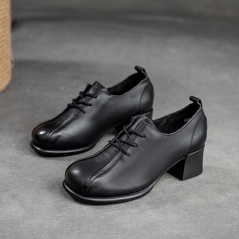 Johnature Retro Women Shoes Med Heels Solid Color Pumps Genuine Leather Round Toe Handmade Lace-up Shoes