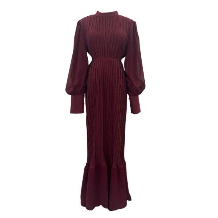 A-Line Evening Dress for Women with Pleated See-through Mesh Lantern Sleeves Stand Collar Tight Waist Ruffle Patchwork Long Maxi Dress