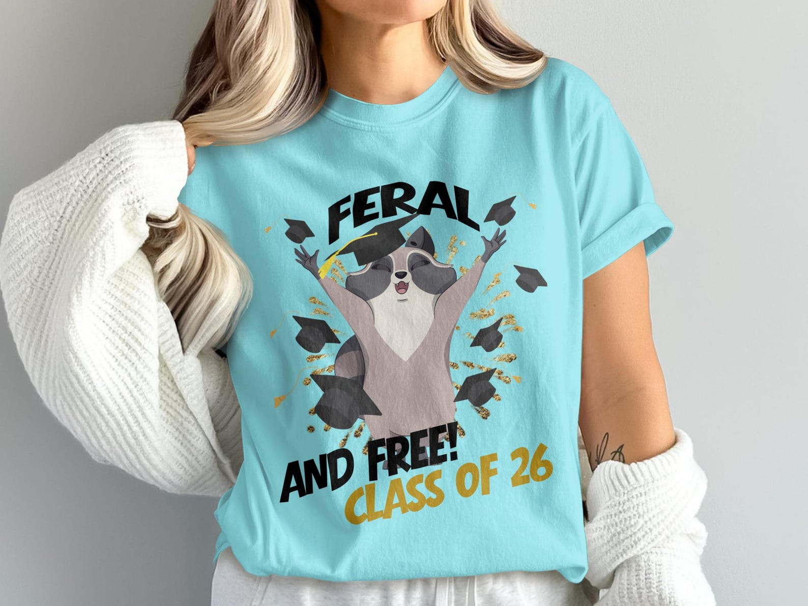 Feral And Free Class of 2026 Graduation T-Shirt | Raccoon Grad Tee 3XL