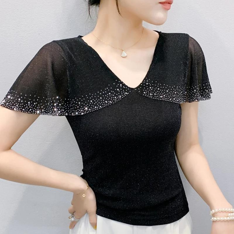 New European Women's T-Shirt Clothes Sexy V-Neck Chic Ruffles Hot Diamonds Tops Shirts Summer Short Sleeve Slim Mesh Tees