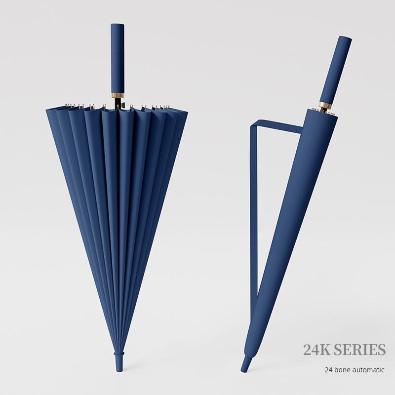 24-Rib Long-Handle Umbrella, Large Automatic Reinforced Heavy Rain-Resistant Windproof Black Business Straight Umbrella