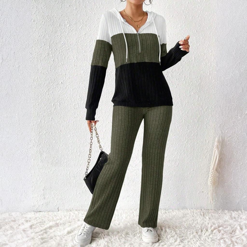 Women's Loose And Comfortable Hooded Drawstring Zipper Color Blocked Casual Fashion Top Solid Color Pants Set