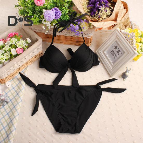 2Pcs/Set Sexy Bikini Set Halter Push-Up Solid Color Bra High Waist Swimming Briefs Set Bowknot Decoration Beachwear