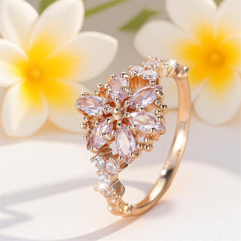 Cute Female Zircon Stone Flower Ring Gold Color Engagement Charm Wedding Jewelry For Women