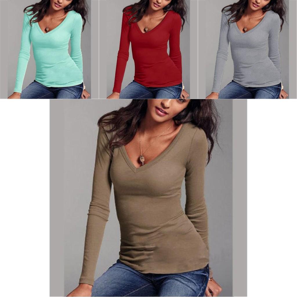 Elegant Autumn And Winter Long-sleeved Solid Color T-shirt V-neck Slim Bottoming Shirt