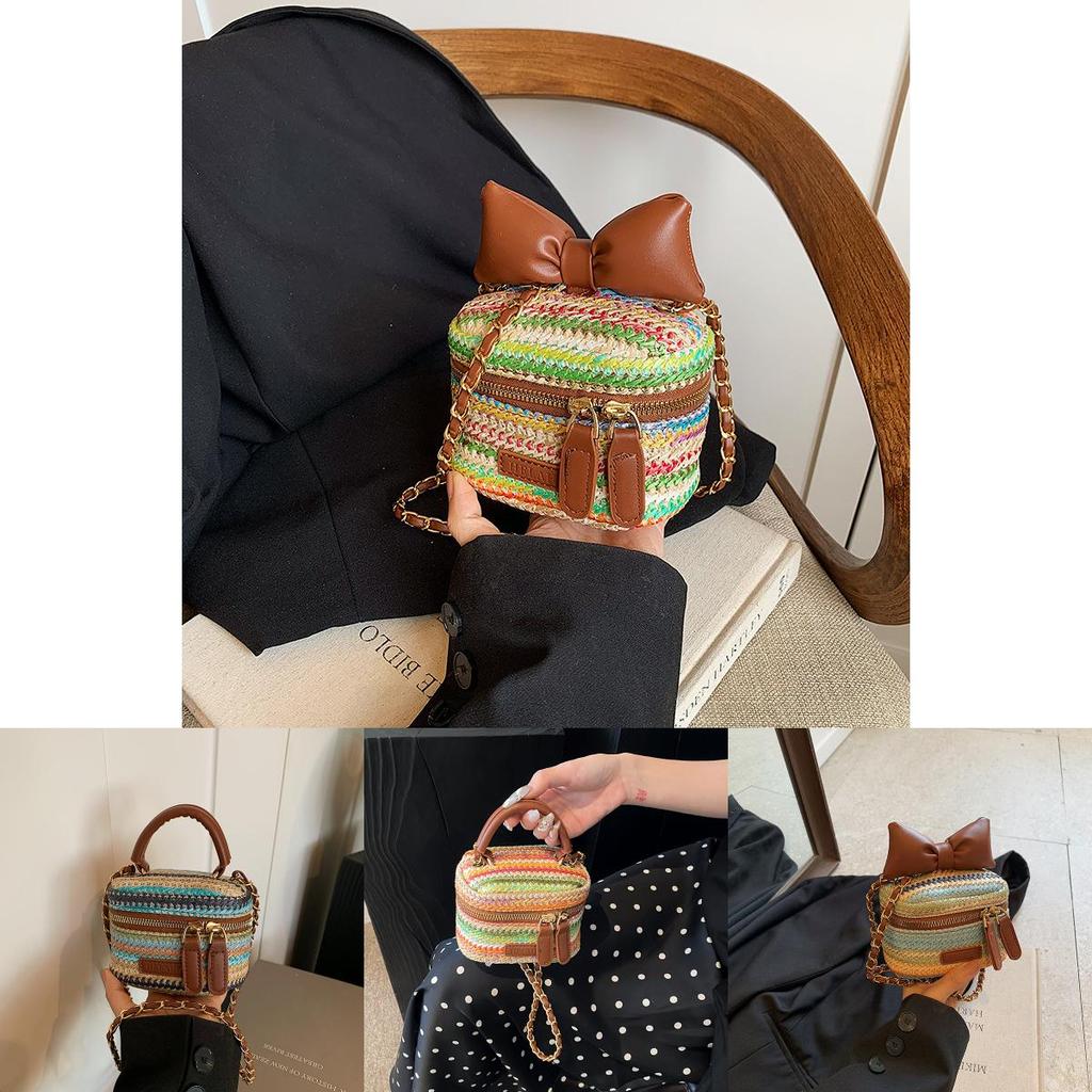 Chic Woven Pu Mini Handbag Stylish Striped Pattern Ultra-light Trendy Purse