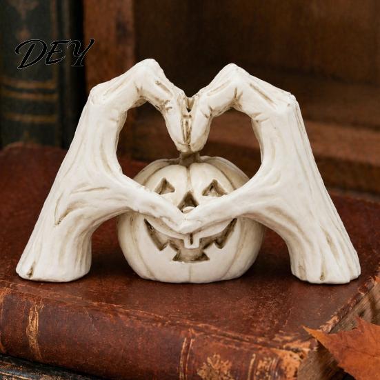 Halloween Pumpkin Figurine Gothic Skeleton Heart Hand Sculpture, Spooky Resin Abstract Statue, Gift for Collectors Shape Finger Gesture Love Ornaments